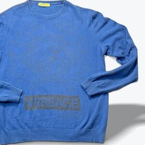 Versace Jeans Mens Blue Graphic Logo Crew Neck Sweater Italian Luxury Men Medium